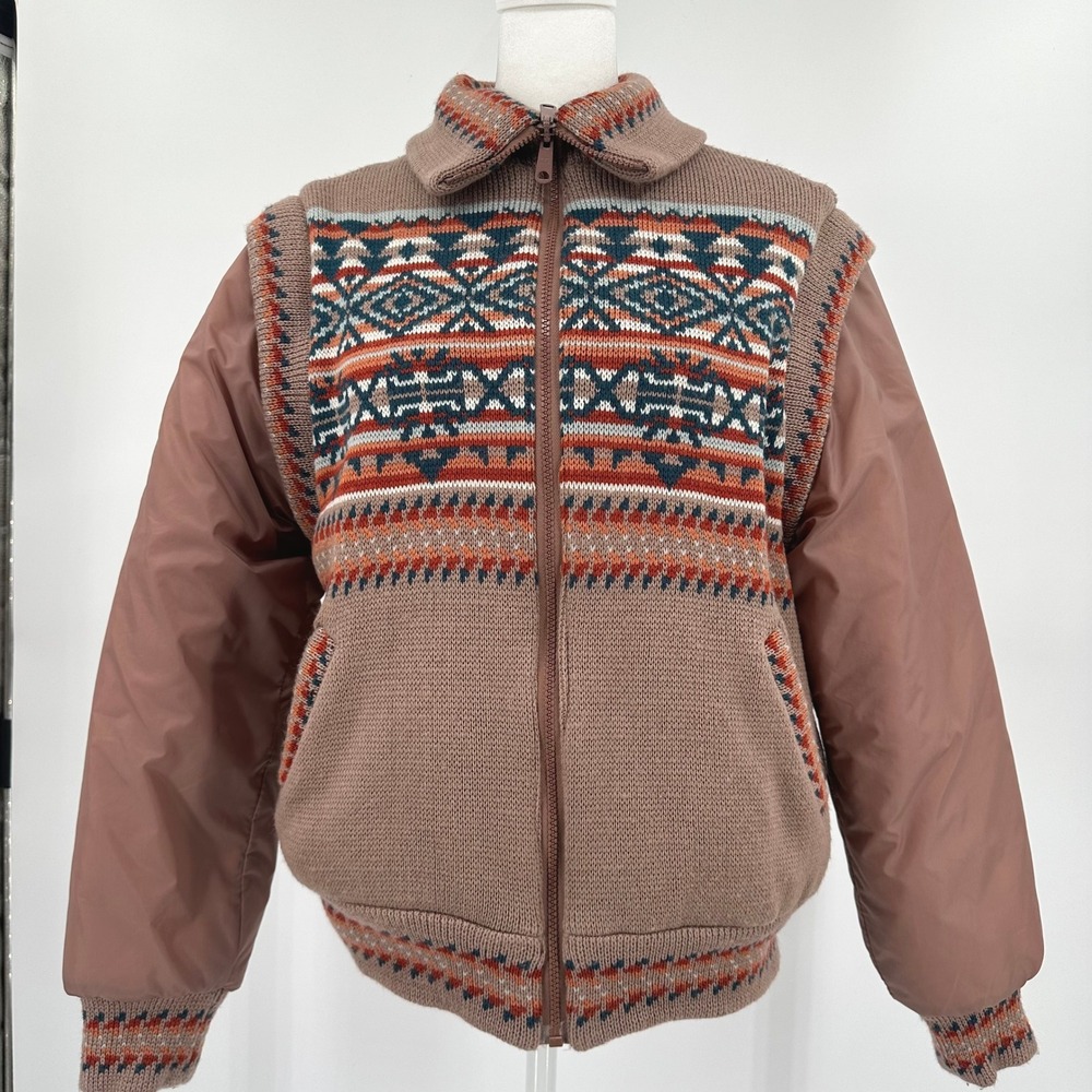 Andy Johns Reversible Fair Isle Quilted Puffer Bomber Jacket Brown Multi Vintage